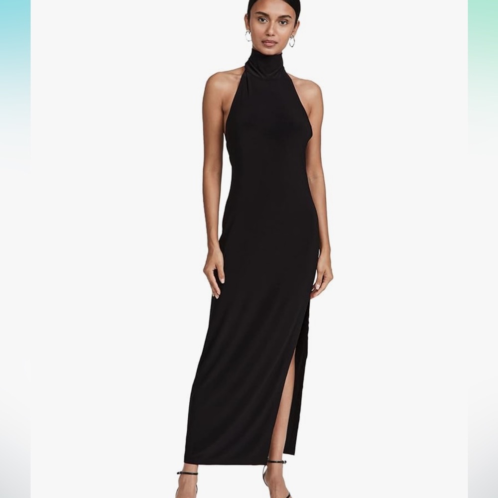 Norma Kamali Halter Turtleneck Side Slit Gown